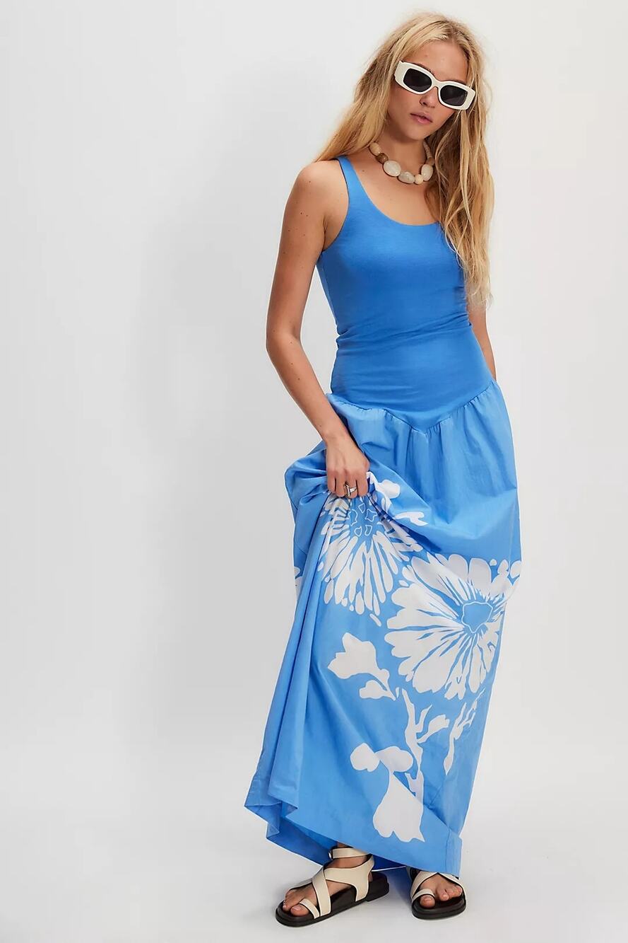 NWT FREE PEOPLE S/W/F Stretch Singlet Maxi Dress $358 LARGE Rebloom BLUE